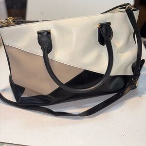 Lauren Ralph Lauren Colorblock Leather Satchel in White, Black & Tan